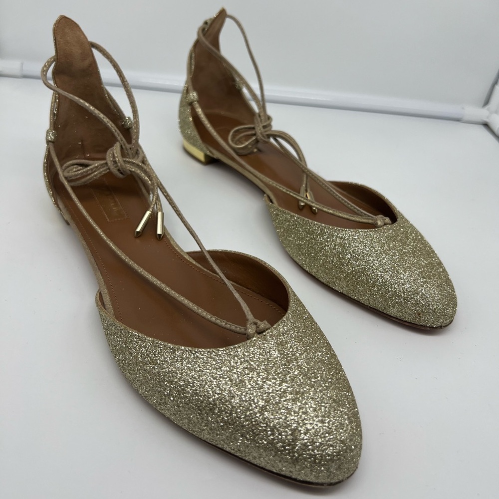 NEW AQUAZZURA Alexa Glitter Metallic Gold Leather Round Toe Lace Up Flats sz 39